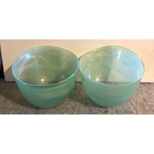 2 Sea Glass Green Art Glass/ Slanted Top Bowls  7.25 inches by 4.75 Inches  #185